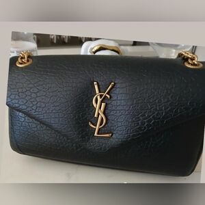 Yves Saint Laurent Black Textured Shoulder Bag with Gold Logo